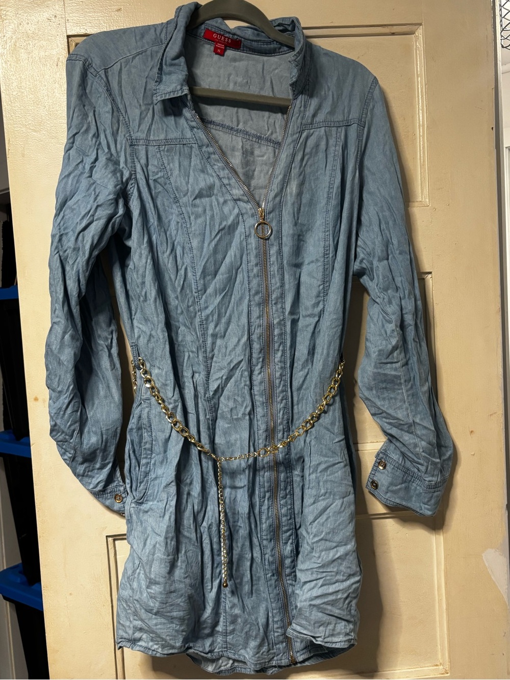 GUESS Light Blue Denim-Style Zip Front Jacket with Chain Belt